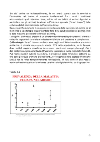   21	
  
	
  Da	
   cio’	
   deriva	
   un	
   malassorbimento,	
   la	
   cui	
   entità	
   correla	
   con	
   la	
   severità	
   e	
  
l’estensione	
   del	
   danno,	
   di	
   sostanze	
   fondamentali	
   fra	
   i	
   quali	
   i	
   cosiddetti	
  
micronutrienti	
   quali	
   vitamine,	
   ferro,	
   calcio,	
   ed	
   un	
   deficit	
   di	
   enzimi	
   digestivi	
   in	
  
particolare	
  per	
  gli	
  zuccheri,	
  localizzati	
  sull’orletto	
  a	
  spazzola	
  (“brush	
  border”)	
  delle	
  
cellule	
  epiteliali	
  di	
  rivestimento	
  dell’intestino	
  tenue.	
  
Il	
  processo	
  infiammatorio	
  è	
  cronicamente	
  sostenuto	
  dalla	
  ingestione	
  di	
  glutine	
  ed	
  al	
  
momento	
  la	
  sola	
  terapia	
  è	
  rappresentata	
  dalla	
  dieta	
  aglutinata	
  rigida	
  e	
  permanente;	
  
la	
  dose	
  massima	
  giornaliera	
  tollerata	
  è	
  di	
  10	
  mg.	
  	
  
La	
  diagnosi	
  di	
  certezza	
  precoce	
  è	
  un	
  obiettivo	
  fondamentale	
  per	
  i	
  pazienti	
  affetti	
  da	
  
celiachia,	
  in	
  grado	
  di	
  curare	
  le	
  manifestazioni	
  cliniche	
  e	
  di	
  prevenire	
  le	
  complicanze.	
  
Epidemiologia:	
   la	
   MC	
   ritenuta	
   malattia	
   rara	
   negli	
   anni	
   ’60	
   e	
   considerata	
   malattia	
  
pediatrica,	
   è	
   stimata	
   interessare	
   in	
   media	
   	
   l’1%	
   della	
   popolazione,	
   sia	
   in	
   Europa,	
  
dove	
  i	
  dati	
  di	
  massima	
  prevalenza	
  interessano	
  i	
  paesi	
  nord	
  europei,	
  che	
  negli	
  USA;	
  i	
  
dati	
  epidemiologici	
  sono	
  tuttavia	
  diffusamene	
  in	
  crescita	
  a	
  livello	
  mondiale	
  (Tab	
  3.1).	
  
Può	
  manifestarsi	
  in	
  tutte	
  le	
  fasce	
  d’età,	
  e	
  prevale	
  nel	
  sesso	
  femminile.	
  Sebbene	
  sia	
  
una	
  delle	
  patologie	
  croniche	
  più	
  frequenti,,	
  l’eterogeneità	
  delle	
  espressioni	
  cliniche	
  
spesso	
  non	
  la	
  rende	
  tempestivamente	
  riconoscibile.	
  	
  In	
  Italia	
  come	
  in	
  altri	
  Paesi	
  a	
  
fronte	
  delle	
  stime	
  sono	
  ancora	
  diverse	
  centinaia	
  di	
  migliaia	
  i	
  celiaci	
  da	
  diagnosticare.	
  
	
  
	
  	
  	
  	
  	
  
Tabella	
  3.1	
  	
  
	
  
	
  
	
  
	
  
	
  
	
  
	
  
	
  
	
  
	
  
	
  
	
  
	
  
	
  
	
  
	
  
	
  
	
  
	
  
	
  
 