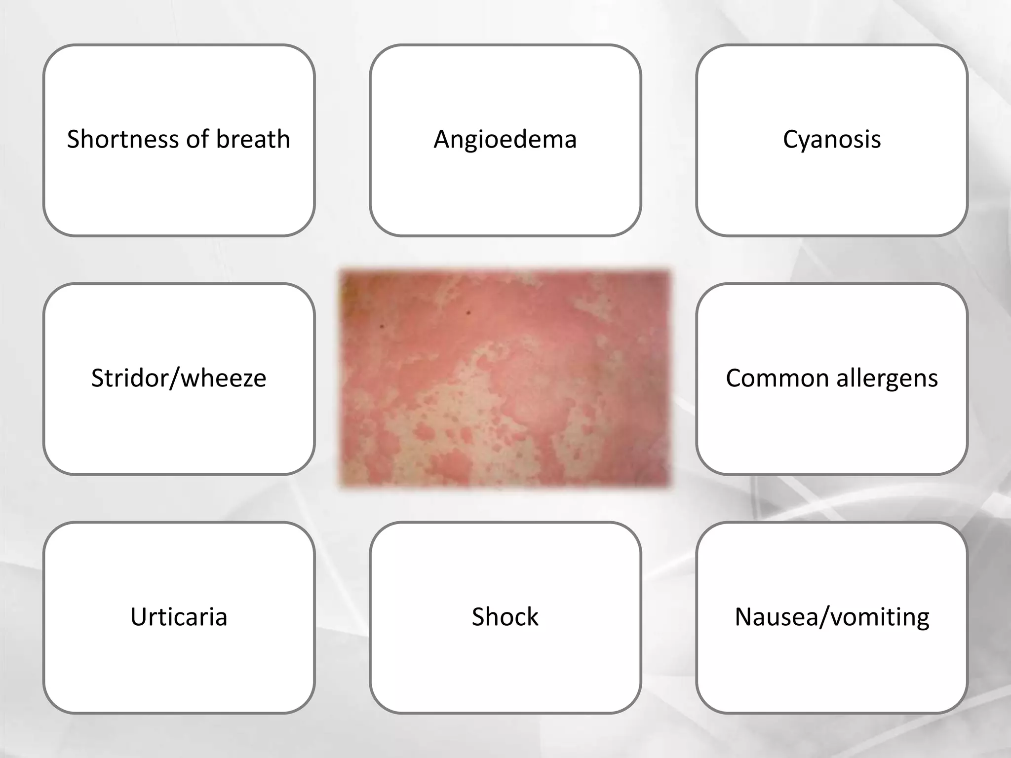 Stridor/wheeze
Nausea/vomiting
AngioedemaShortness of breath
Common allergens
Shock
Cyanosis
Urticaria
 