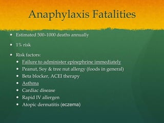Anaphylaxis Fatalities
 Estimated 500–1000 deaths annually
 1% risk
 Risk factors:
 Failure to administer epinephrine immediately
 Peanut, Soy & tree nut allergy (foods in general)
 Beta blocker, ACEI therapy
 Asthma
 Cardiac disease
 Rapid IV allergen
 Atopic dermatitis (eczema)
 