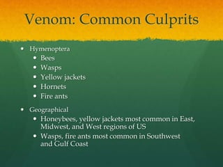 Venom: Common Culprits
 Hymenoptera
 Bees
 Wasps
 Yellow jackets
 Hornets
 Fire ants
 Geographical
 Honeybees, yellow jackets most common in East,
Midwest, and West regions of US
 Wasps, fire ants most common in Southwest
and Gulf Coast
 