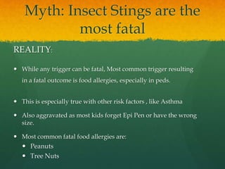Myth: Insect Stings are the
most fatal
REALITY:
 While any trigger can be fatal, Most common trigger resulting
in a fatal outcome is food allergies, especially in peds.
 This is especially true with other risk factors , like Asthma
 Also aggravated as most kids forget Epi Pen or have the wrong
size.
 Most common fatal food allergies are:
 Peanuts
 Tree Nuts
 