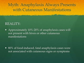 Myth: Anaphylaxis Always Presents
with Cutaneous Manifestations
REALITY:
 Approximately 10%-20% of anaphylaxis cases will
not present with hives or other cutaneous
manifestations
 80% of food-induced, fatal anaphylaxis cases were
not associated with cutaneous signs or symptoms
 