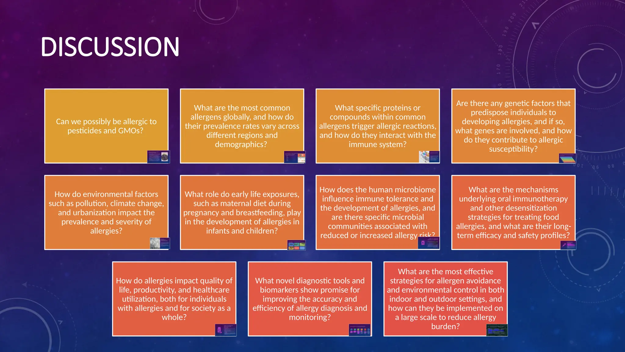 DISCUSSION
Can we possibly be allergic to
pesticides and GMOs?
What are the most common
allergens globally, and how do
their prevalence rates vary across
different regions and
demographics?
What specific proteins or
compounds within common
allergens trigger allergic reactions,
and how do they interact with the
immune system?
Are there any genetic factors that
predispose individuals to
developing allergies, and if so,
what genes are involved, and how
do they contribute to allergic
susceptibility?
How do environmental factors
such as pollution, climate change,
and urbanization impact the
prevalence and severity of
allergies?
What role do early life exposures,
such as maternal diet during
pregnancy and breastfeeding, play
in the development of allergies in
infants and children?
How does the human microbiome
influence immune tolerance and
the development of allergies, and
are there specific microbial
communities associated with
reduced or increased allergy risk?
What are the mechanisms
underlying oral immunotherapy
and other desensitization
strategies for treating food
allergies, and what are their long-
term efficacy and safety profiles?
How do allergies impact quality of
life, productivity, and healthcare
utilization, both for individuals
with allergies and for society as a
whole?
What novel diagnostic tools and
biomarkers show promise for
improving the accuracy and
efficiency of allergy diagnosis and
monitoring?
What are the most effective
strategies for allergen avoidance
and environmental control in both
indoor and outdoor settings, and
how can they be implemented on
a large scale to reduce allergy
burden?
 