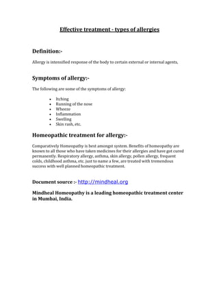 Effective treatment for allergy  in Mindheal Homeopathy clinic ,Chembur, Mumbai,Maharashtra,India.