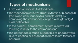 Types of mechanisms
 1. Cytotoxic antibodies to blood cells.
This mechanism involves direct cytolysis of blood cells
(red blood cells, leucocytes and platelets) by
combining the cell surface antigen with IgG or IgM
class antibodies.
In the process, complement system is activated
resulting in injury to the cell membrane.
The cell surface is made susceptible to phagocytosis
due to coating or opsonisation from serum factors or
opsonins.
 