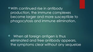 With continued rise in antibody
production, the immune complexes
become larger and more susceptible to
phagocytosis and immune elimination.
 When all foreign antigen is thus
eliminated and free antibody appears,
the symptoms clear without any sequelae
 
