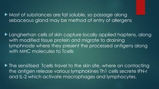 Most of substances are fat soluble, so passage along
sebaceous gland may be method of entry of allergens
 Langherhan cells of skin capture locally applied haptens, along
with modified tissue protein and migrate to draining
lymphnode where they present the processed antigens along
with MHC molecules to Tcells
 The sensitised Tcells travel to the skin site, where on contacting
the antigen release various lymphokines Th1 cells secrete IFN-r
and IL-2 which activate macrophages and lymphocytes.
 
