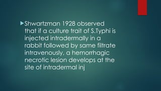 Shwartzman 1928 observed
that if a culture trait of S.Typhi is
injected intradermally in a
rabbit followed by same filtrate
intravenously, a hemorrhagic
necrotic lesion develops at the
site of intradermal inj
 