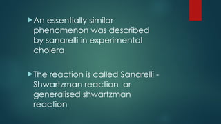 An essentially similar
phenomenon was described
by sanarelli in experimental
cholera
The reaction is called Sanarelli -
Shwartzman reaction or
generalised shwartzman
reaction
 