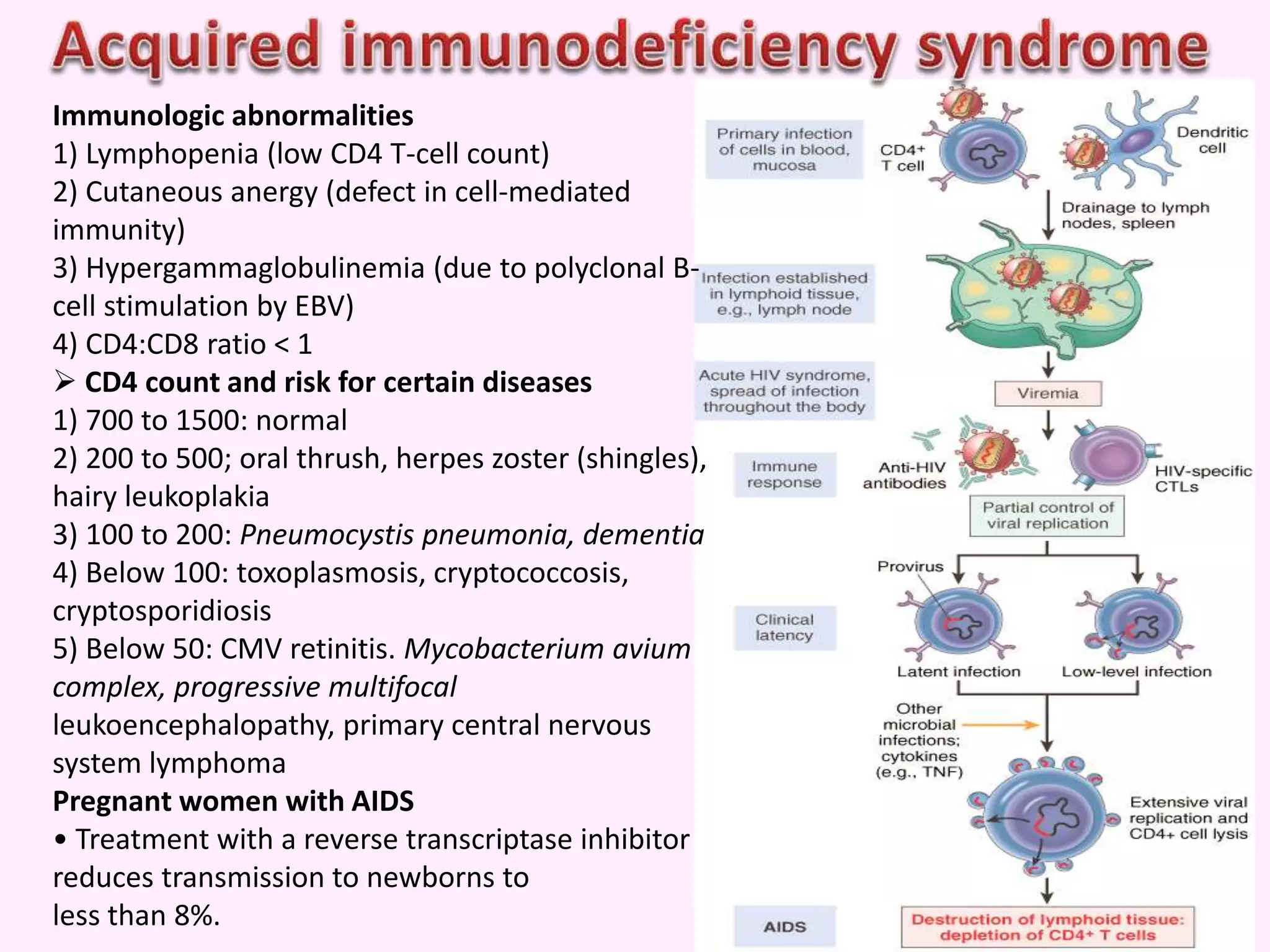 Immunologic abnormalities
1) Lymphopenia (low CD4 T-cell count)
2) Cutaneous anergy (defect in cell-mediated
immunity)
3) Hypergammaglobulinemia (due to polyclonal B-
cell stimulation by EBV)
4) CD4:CD8 ratio < 1
 CD4 count and risk for certain diseases
1) 700 to 1500: normal
2) 200 to 500; oral thrush, herpes zoster (shingles),
hairy leukoplakia
3) 100 to 200: Pneumocystis pneumonia, dementia
4) Below 100: toxoplasmosis, cryptococcosis,
cryptosporidiosis
5) Below 50: CMV retinitis. Mycobacterium avium
complex, progressive multifocal
leukoencephalopathy, primary central nervous
system lymphoma
Pregnant women with AIDS
• Treatment with a reverse transcriptase inhibitor
reduces transmission to newborns to
less than 8%.
 