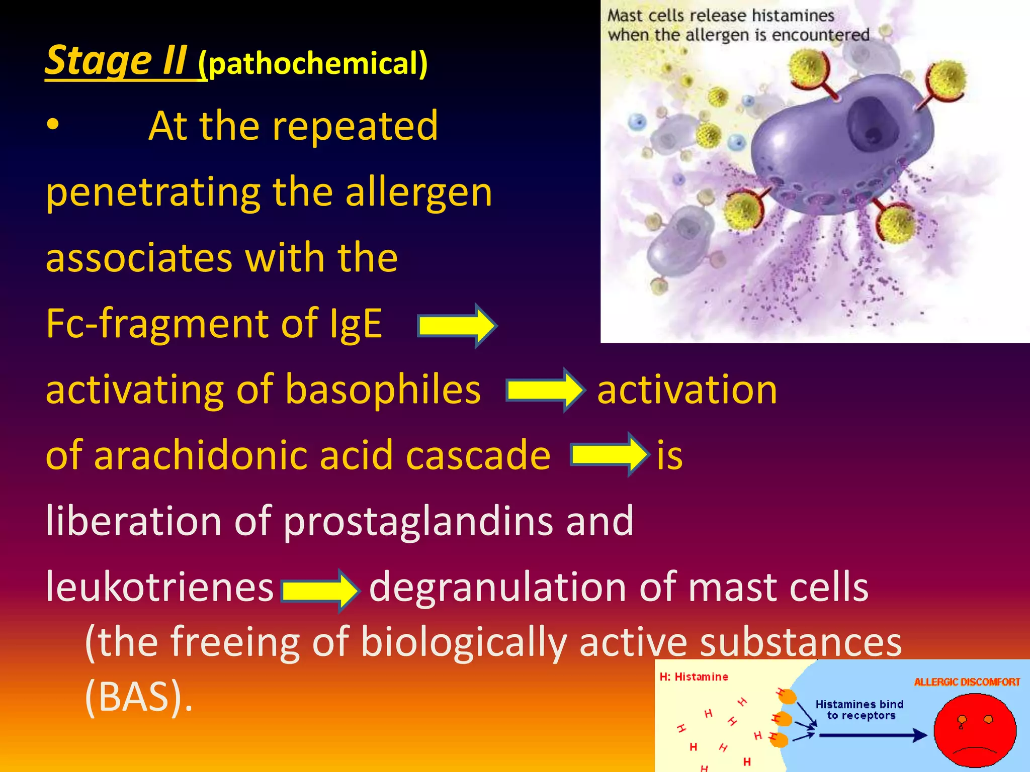 Stage II (pathochemical)
• At the repeated
penetrating the allergen
associates with the
Fc-fragment of IgE
activating of basophiles activation
of arachidonic acid cascade is
liberation of prostaglandins and
leukotrienes degranulation of mast cells
(the freeing of biologically active substances
(BAS).
 