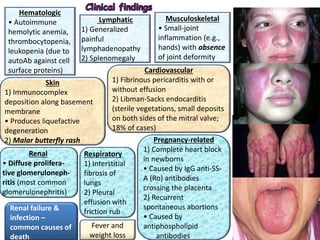 Hematologic
• Autoimmune
hemolytic anemia,
thrombocytopenia,
leukopenia (due to
autoAb against cell
surface proteins)
Lymphatic
1) Generalized
painful
lymphadenopathy
2) Splenomegaly
Musculoskeletal
• Small-joint
inflammation (e.g.,
hands) with absence
of joint deformity
Skin
1) Immunocomplex
deposition along basement
membrane
• Produces liquefactive
degeneration
2) Malar butterfly rash
Renal
• Diffuse prolifera-
tive glomeruloneph-
ritis (most common
glomerulonephritis)
Cardiovascular
1) Fibrinous pericarditis with or
without effusion
2) Libman-Sacks endocarditis
(sterile vegetations, small deposits
on both sides of the mitral valve;
18% of cases)
Respiratory
1) Interstitial
fibrosis of
lungs
2) Pleural
effusion with
friction rub
Pregnancy-related
1) Complete heart block
in newborns
• Caused by IgG anti-SS-
A (Ro) antibodies
crossing the placenta
2) Recurrent
spontaneous abortions
• Caused by
antiphospholipid
antibodies
Fever and
weight loss
Renal failure &
infection –
common causes of
death
 
