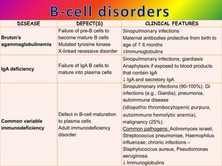 DISEASE DEFECT(S) CLINICAL FEATURES
Bruton's
agammaglobulinemia
Failure of pre-B cells to
become mature B cells
Mutated tyrosine kinase
X-linked recessive disorder
Sinopulmonary infections
Maternal antibodies protective from birth to
age of  6 months
Immunoglobulins
IgA deficiency
Failure of IgA B cells to
mature into plasma cells
Sinopulmonary infections; giardiasis
Anaphylaxis if exposed to blood products
that contain IgA
 IgA and secretory IgA
Common variable
immunodeficiency
Defect in B-cell maturation
to plasma cells
Adult immunodeficiency
disorder
Sinopulmonary infections (90-100%), Gl
infections (e.g., Giardia), pneumonia,
autoimmune disease
(idiopathic thrombocytopenic purpura,
autoimmune hemolytic anemia),
malignancy (25%).
Common pathogens: Actinomyces israeli,
Streptococcus pneumoniae, Haemophilus
influenzae; chronic infections –
Staphylococcus aureus, Pseudomonas
aeruginosa.
 Immunoglobulins
 
