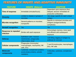 FEATURE INNATE (Natural) ADAPTIVE
Time of response Immediate (minutes/hours)
Dependent upon exposure (first:
delayed, second: immediate d/t
production antibodies)
Diversity
Limited to classes or groups of
microbes
Very large; specific for each unique
antigen
Microbe recognition
General patterns on microbes;
nonspecific
Specific to individual microbes and
antigens (antigen/antibody
complexes)
Nonself recognition Yes Yes
Response to repeated
infection
Similar with each exposure
Immunologic memory; more rapid
and efficient with subsequent
exposure
Defense
Epithelium (skin, mucous
membranes), phagocytes,
inflammation, fever
Cell killing; tagging of antigen by
antibody for removal
Cellular components
Phagocytes (monocytes/
/macrophages, neutrophils), NK
cells, DCs
T and B lymphocytes, macrophages,
DCs, NK cells
Molecular
components
Cytokines, complement proteins,
acute-phase proteins, soluble
mediators
Antibodies, cytokines, complement
system
 