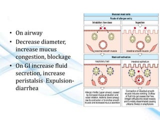 • On airway
• Decrease diameter,
increase mucus
congestion, blockage
• On GI increase fluid
secretion, increase
peristalsis Expulsion-
diarrhea
 