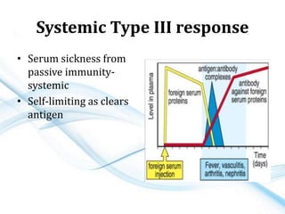 Systemic Type III response
• Serum sickness from
passive immunity-
systemic
• Self-limiting as clears
antigen
 