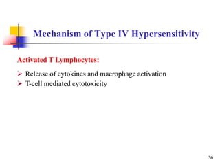 Mechanism of Type IV Hypersensitivity
36
Activated T Lymphocytes:
 Release of cytokines and macrophage activation
 T-cell mediated cytotoxicity
 