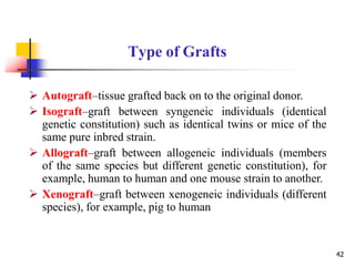 Type of Grafts
42
 Autograft–tissue grafted back on to the original donor.
 Isograft–graft between syngeneic individuals (identical
genetic constitution) such as identical twins or mice of the
same pure inbred strain.
 Allograft–graft between allogeneic individuals (members
of the same species but different genetic constitution), for
example, human to human and one mouse strain to another.
 Xenograft–graft between xenogeneic individuals (different
species), for example, pig to human
 