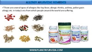 WWW.PLANETAYURVEDA.COM
There are several types of allergies like hay fever, allergic rhinitis, asthma, pollen grain
allergy etc. in today’s era from which people around the world are suffering.
 