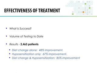 EFFECTIVENESS OF TREATMENT 
 What is Success? 
 Volume of Testing to Date 
 Results - 2,463 patients 
 Diet change alone: 48% improvement. 
 Hyposensitization only: 67% improvement. 
 Diet change & Hyposensitization: 85% improvement 
 