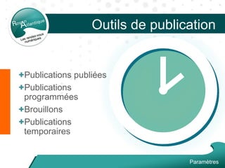 Outils de publication
+Publications publiées
+Publications
programmées
+Brouillons
+Publications
temporaires
Paramètres
 