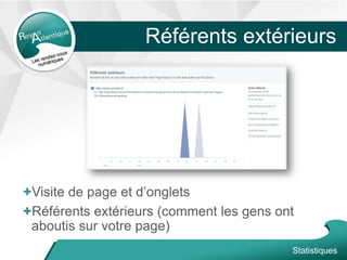 Référents extérieurs
+Visite de page et d’onglets
+Référents extérieurs (comment les gens ont
aboutis sur votre page)
vues des pages
Statistiques
 