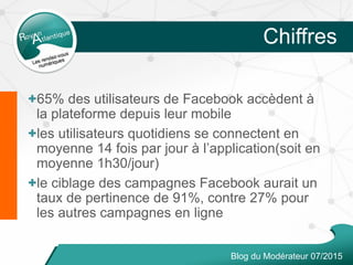 +65% des utilisateurs de Facebook accèdent à
la plateforme depuis leur mobile
+les utilisateurs quotidiens se connectent en
moyenne 14 fois par jour à l’application(soit en
moyenne 1h30/jour)
+le ciblage des campagnes Facebook aurait un
taux de pertinence de 91%, contre 27% pour
les autres campagnes en ligne
Chiffres
Blog du Modérateur 07/2015
 