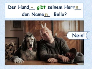 Der Hund__ gibt seinem Herr__
den Name__ Bello?
- n
Nein!
n
 