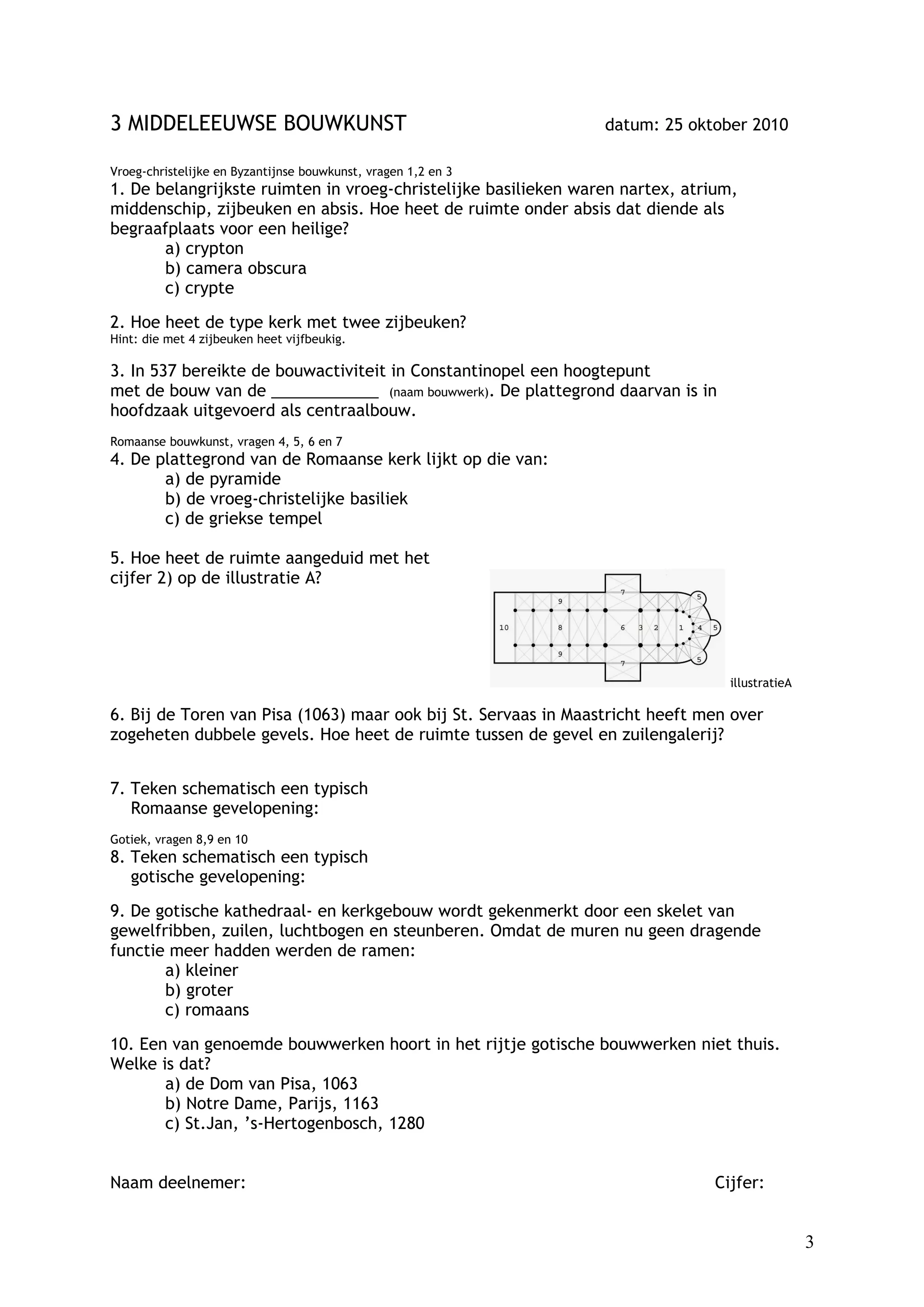 3 MIDDELEEUWSE BOUWKUNST                                        datum: 25 oktober 2010

Vroeg-christelijke en Byzantijnse bouwkunst, vragen 1,2 en 3
1. De belangrijkste ruimten in vroeg-christelijke basilieken waren nartex, atrium,
middenschip, zijbeuken en absis. Hoe heet de ruimte onder absis dat diende als
begraafplaats voor een heilige?
       a) crypton
       b) camera obscura
       c) crypte

2. Hoe heet de type kerk met twee zijbeuken?
Hint: die met 4 zijbeuken heet vijfbeukig.

3. In 537 bereikte de bouwactiviteit in Constantinopel een hoogtepunt
met de bouw van de ____________ (naam bouwwerk). De plattegrond daarvan is in
hoofdzaak uitgevoerd als centraalbouw.
Romaanse bouwkunst, vragen 4, 5, 6 en 7
4. De plattegrond van de Romaanse kerk lijkt op die van:
       a) de pyramide
       b) de vroeg-christelijke basiliek
       c) de griekse tempel

5. Hoe heet de ruimte aangeduid met het
cijfer 2) op de illustratie A?




                                                                                 illustratieA

6. Bij de Toren van Pisa (1063) maar ook bij St. Servaas in Maastricht heeft men over
zogeheten dubbele gevels. Hoe heet de ruimte tussen de gevel en zuilengalerij?


7. Teken schematisch een typisch
   Romaanse gevelopening:
Gotiek, vragen 8,9 en 10
8. Teken schematisch een typisch
   gotische gevelopening:

9. De gotische kathedraal- en kerkgebouw wordt gekenmerkt door een skelet van
gewelfribben, zuilen, luchtbogen en steunberen. Omdat de muren nu geen dragende
functie meer hadden werden de ramen:
       a) kleiner
       b) groter
       c) romaans

10. Een van genoemde bouwwerken hoort in het rijtje gotische bouwwerken niet thuis.
Welke is dat?
       a) de Dom van Pisa, 1063
       b) Notre Dame, Parijs, 1163
       c) St.Jan, ’s-Hertogenbosch, 1280


Naam deelnemer:                                                                Cijfer:


                                                                                                3
 