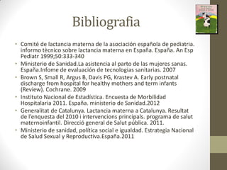 Bibliografia
• Comité de lactancia materna de la asociación española de pediatria.
informo tècnico sobre lactancia materna en España. España. An Esp
Pediatr 1999;50:333-340
• Ministerio de Sanidad.La asistencia al parto de las mujeres sanas.
España.Infome de evaluación de tecnologias sanitarias. 2007
• Brown S, Small R, Argus B, Davis PG, Krastev A. Early postnatal
discharge from hospital for healthy mothers and term infants
(Review). Cochrane. 2009
• Instituto Nacional de Estadística. Encuesta de Morbilidad
Hospitalaria 2011. España. ministerio de Sanidad.2012
• Generalitat de Catalunya. Lactancia materna a Catalunya. Resultat
de l e uesta del i i te ve io s p i ipals. p og a a de salut
maternoinfantil. Direcció general de Salut pública. 2011.
• Ministerio de sanidad, política social e igualdad. Estrategia Nacional
de Salud Sexual y Reproductiva.España.2011
 