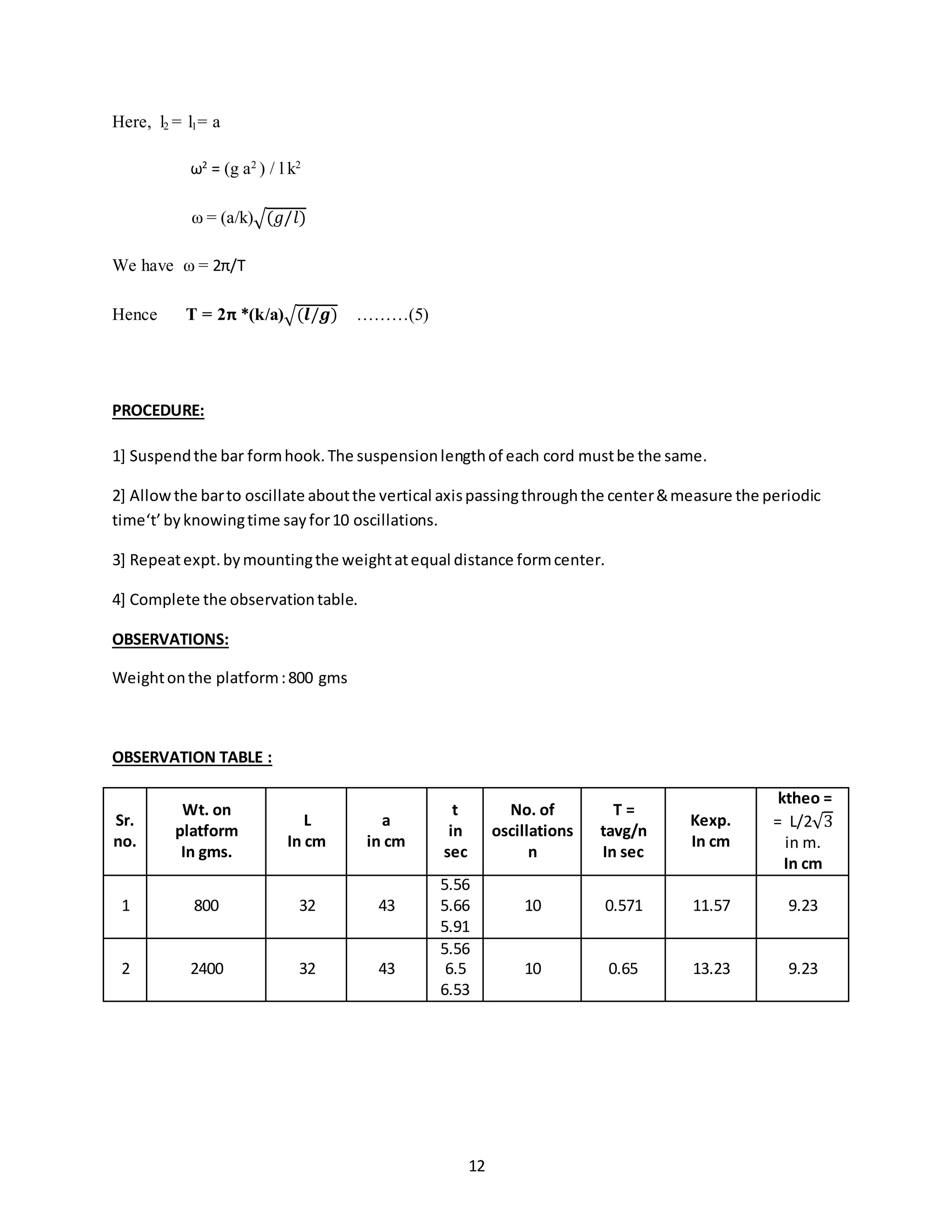 12
Here, l2 = l1= a
ω2
= (g a2
) / l k2
ω = (a/k)√(𝑔/𝑙)
We have ω = 2π/T
Hence T = 2π *(k/a)√(𝒍/𝒈) ………(5)
PROCEDURE:
1] Suspendthe bar formhook.The suspensionlengthof each cord mustbe the same.
2] Allowthe barto oscillate aboutthe vertical axispassingthroughthe center&measure the periodic
time‘t’byknowingtime sayfor10 oscillations.
3] Repeatexpt.bymountingthe weightatequal distance formcenter.
4] Complete the observationtable.
OBSERVATIONS:
Weightonthe platform:800 gms
OBSERVATION TABLE :
Sr.
no.
Wt. on
platform
In gms.
L
In cm
a
in cm
t
in
sec
No. of
oscillations
n
T =
tavg/n
In sec
Kexp.
In cm
ktheo =
= L/2√3
in m.
In cm
1 800 32 43
5.56
5.66
5.91
10 0.571 11.57 9.23
2 2400 32 43
5.56
6.5
6.53
10 0.65 13.23 9.23
 