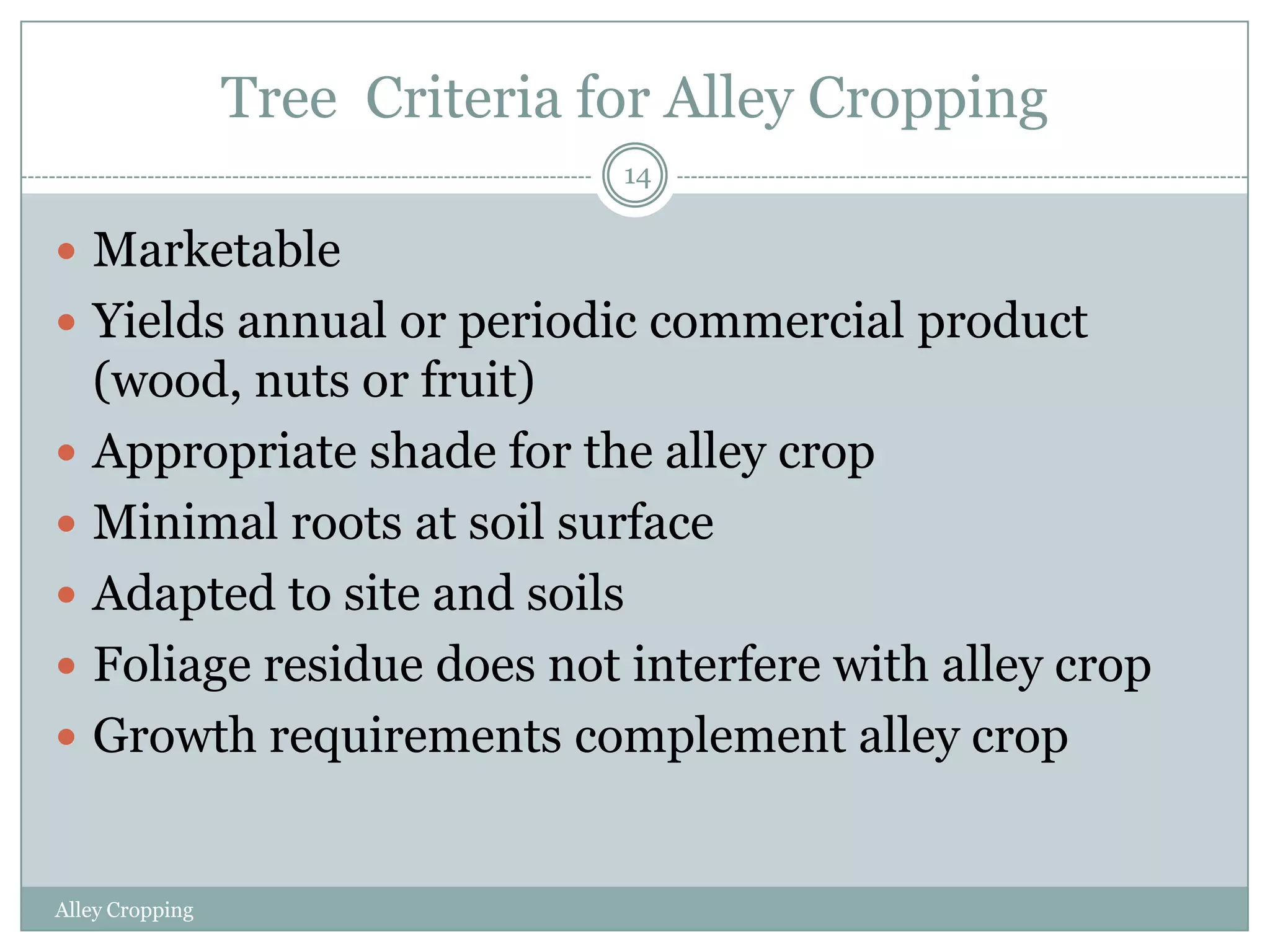 Tree Criteria for Alley Cropping
14

 Marketable

 Yields annual or periodic commercial product






(wood, nuts or fruit)
Appropriate shade for the alley crop
Minimal roots at soil surface
Adapted to site and soils
Foliage residue does not interfere with alley crop
Growth requirements complement alley crop

Alley Cropping

 