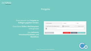 Posts können zur Freigabe an
Kollegen gegeben werden.
Granulares Rollen-/Rechtesystem
wird genutzt
Klar deﬁnierte
Verantwortlichkeiten und
Workﬂows
Freigabe
ANALYSE
GNIROTIN
OMNO
ITKARETNI
NOITAKILBUP
EBA
G
IERF
CONTENT-ERSTEL
LUNG
IDEENSAMMLUN
G
Twitter: @sascha_boehr @michaelhoecker
 