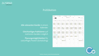 Alle relevanten Kanäle in einem
Kalender.
Gleichzeitiges Publizieren auf
mehreren Kanälen möglich
Planungsmöglichkeiten für
zukünftiges Posten (Scheduling)
Publikation
ANALYSE
GNIROTIN
OMNO
ITKARETNI
NOITAKILBUP
EBA
G
IERF
CONTENT-ERSTEL
LUNG
IDEENSAMMLUN
G
Twitter: @sascha_boehr @michaelhoecker
 