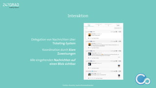 Delegation von Nachrichten über
Ticketing-System
Koordination durch klare
Zuweisungen
Alle eingehenden Nachrichten auf
einen Blick sichtbar
Interaktion
ANALYSE
GNIROTIN
OMNO
ITKARETNI
NOITAKILBUP
EBA
G
IERF
CONTENT-ERSTEL
LUNG
IDEENSAMMLUN
G
Twitter: @sascha_boehr @michaelhoecker
 