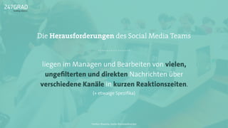 liegen im Managen und Bearbeiten von vielen,
ungeﬁlterten und direkten Nachrichten über
verschiedene Kanäle in kurzen Reaktionszeiten.
(+ etwaige Speziﬁka)
Die Herausforderungen des Social Media Teams
Twitter: @sascha_boehr @michaelhoecker
 