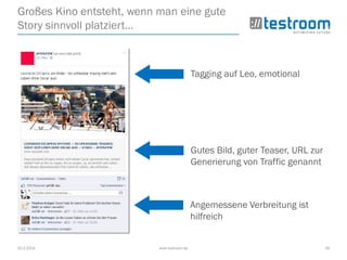 25.3.2014 www.testroom.de 40
Großes Kino entsteht, wenn man eine gute
Story sinnvoll platziert…
Tagging auf Leo, emotional
Gutes Bild, guter Teaser, URL zur
Generierung von Traffic genannt
Angemessene Verbreitung ist
hilfreich
 