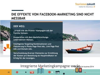 42
DER WEG:
„Urlaub wie die Promis“-Kampagne mit der
Familie Geissen.
Kooperation mit dem Marktforschungs-
unternehmen Nielsen.
Intelligente Targeting-Kombinationen und
Platzierung in Photo Page Post Ads, Link Page Post
Ads und Domain Ads.
Verschneidung diverser Elemente zur Ermittlung
der Kosten pro Bestellung als Hauptindikator en
Erfolg für der Anzeigen.
DIE EFFEKTE VON FACEBOOK-MARKETING SIND NICHT
MESSBAR
Facebook for busines 2014
 