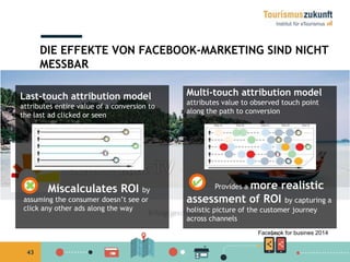43
DIE EFFEKTE VON FACEBOOK-MARKETING SIND NICHT
MESSBAR
✔
Multi-touch attribution model
attributes value to observed touch point
along the path to conversion
✖ Miscalculates ROI by
assuming the consumer doesn’t see or
click any other ads along the way
Last-touch attribution model
attributes entire value of a conversion to
the last ad clicked or seen
Provides a more realistic
assessment of ROI by capturing a
holistic picture of the customer journey
across channels
Facebook for busines 2014
 