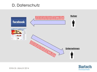 © RA Dr. Ulbricht 2014
Nutzer001010100101001010010100100110101010010001010001
001001001010010101001010101010010011111001010110
101010100101010010100101001010101001001010110101
Unternehmen
D. Datenschutz
 