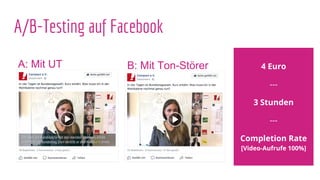 A/B-Testing auf Facebook
4 Euro
---
3 Stunden
---
Completion Rate
[Video-Aufrufe 100%]
A: Mit UT B: Mit Ton-Störer
 