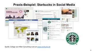 Praxis-Beispiel: Starbucks in Social Media
31
Quelle: Collage von Hilker Consulting rund um www.starbucks.de
31
 