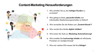 Content-Marketing Herausforderungen
Marke
1. Wie schaffen Sie es, die richtigen Kunden zu
erreichen?
2. Wie gelingt es Ihn...