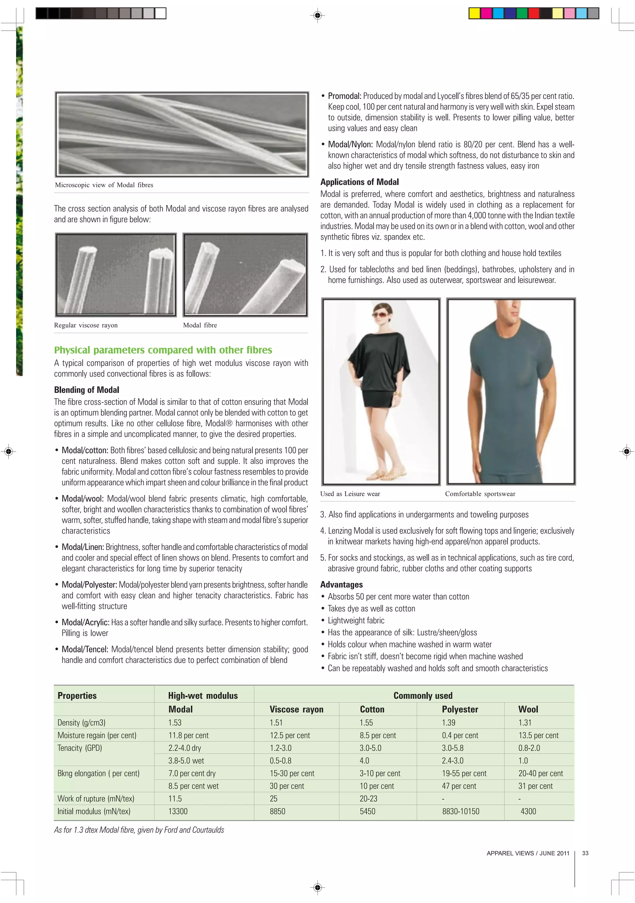 APPAREL VIEWS / JUNE 2011 33
The cross section analysis of both Modal and viscose rayon fibres are analysed
and are shown in figure below:
• Promodal: Produced by modal and Lyocell’s fibres blend of 65/35 per cent ratio.
Keep cool, 100 per cent natural and harmony is very well with skin. Expel steam
to outside, dimension stability is well. Presents to lower pilling value, better
using values and easy clean
• Modal/Nylon: Modal/nylon blend ratio is 80/20 per cent. Blend has a well-
known characteristics of modal which softness, do not disturbance to skin and
also higher wet and dry tensile strength fastness values, easy iron
Applications of Modal
Modal is preferred, where comfort and aesthetics, brightness and naturalness
are demanded. Today Modal is widely used in clothing as a replacement for
cotton, with an annual production of more than 4,000 tonne with the Indian textile
industries. Modal may be used on its own or in a blend with cotton, wool and other
synthetic fibres viz. spandex etc.
1. It is very soft and thus is popular for both clothing and house hold textiles
2. Used for tablecloths and bed linen (beddings), bathrobes, upholstery and in
home furnishings. Also used as outerwear, sportswear and leisurewear.
Microscopic view of Modal fibres
Physical parameters compared with other fibres
A typical comparison of properties of high wet modulus viscose rayon with
commonly used convectional fibres is as follows:
Blending of Modal
The fibre cross-section of Modal is similar to that of cotton ensuring that Modal
is an optimum blending partner. Modal cannot only be blended with cotton to get
optimum results. Like no other cellulose fibre, Modal® harmonises with other
fibres in a simple and uncomplicated manner, to give the desired properties.
• Modal/cotton: Both fibres’ based cellulosic and being natural presents 100 per
cent naturalness. Blend makes cotton soft and supple. It also improves the
fabric uniformity. Modal and cotton fibre’s colour fastness resembles to provide
uniform appearance which impart sheen and colour brilliance in the final product
• Modal/wool: Modal/wool blend fabric presents climatic, high comfortable,
softer, bright and woollen characteristics thanks to combination of wool fibres’
warm, softer, stuffed handle, taking shape with steam and modal fibre’s superior
characteristics
• Modal/Linen: Brightness,softerhandleandcomfortablecharacteristicsofmodal
and cooler and special effect of linen shows on blend. Presents to comfort and
elegant characteristics for long time by superior tenacity
• Modal/Polyester: Modal/polyesterblendyarnpresentsbrightness,softerhandle
and comfort with easy clean and higher tenacity characteristics. Fabric has
well-fitting structure
• Modal/Acrylic: Hasasofterhandleandsilkysurface.Presentstohighercomfort.
Pilling is lower
• Modal/Tencel: Modal/tencel blend presents better dimension stability; good
handle and comfort characteristics due to perfect combination of blend
Regular viscose rayon Modal fibre
Properties High-wet modulus Commonly used
Modal Viscose rayon Cotton Polyester Wool
Density (g/cm3) 1.53 1.51 1.55 1.39 1.31
Moisture regain (per cent) 11.8 per cent 12.5 per cent 8.5 per cent 0.4 per cent 13.5 per cent
Tenacity (GPD) 2.2-4.0 dry 1.2-3.0 3.0-5.0 3.0-5.8 0.8-2.0
3.8-5.0 wet 0.5-0.8 4.0 2.4-3.0 1.0
Bkng elongation ( per cent) 7.0 per cent dry 15-30 per cent 3-10 per cent 19-55 per cent 20-40 per cent
8.5 per cent wet 30 per cent 10 per cent 47 per cent 31 per cent
Work of rupture (mN/tex) 11.5 25 20-23 - -
Initial modulus (mN/tex) 13300 8850 5450 8830-10150 4300
As for 1.3 dtex Modal fibre, given by Ford and Courtaulds
3. Also find applications in undergarments and toweling purposes
4. Lenzing Modal is used exclusively for soft flowing tops and lingerie; exclusively
in knitwear markets having high-end apparel/non apparel products.
5. For socks and stockings, as well as in technical applications, such as tire cord,
abrasive ground fabric, rubber cloths and other coating supports
Advantages
• Absorbs 50 per cent more water than cotton
• Takes dye as well as cotton
• Lightweight fabric
• Has the appearance of silk: Lustre/sheen/gloss
• Holds colour when machine washed in warm water
• Fabric isn’t stiff, doesn’t become rigid when machine washed
• Can be repeatably washed and holds soft and smooth characteristics
Used as Leisure wear Comfortable sportswear
 