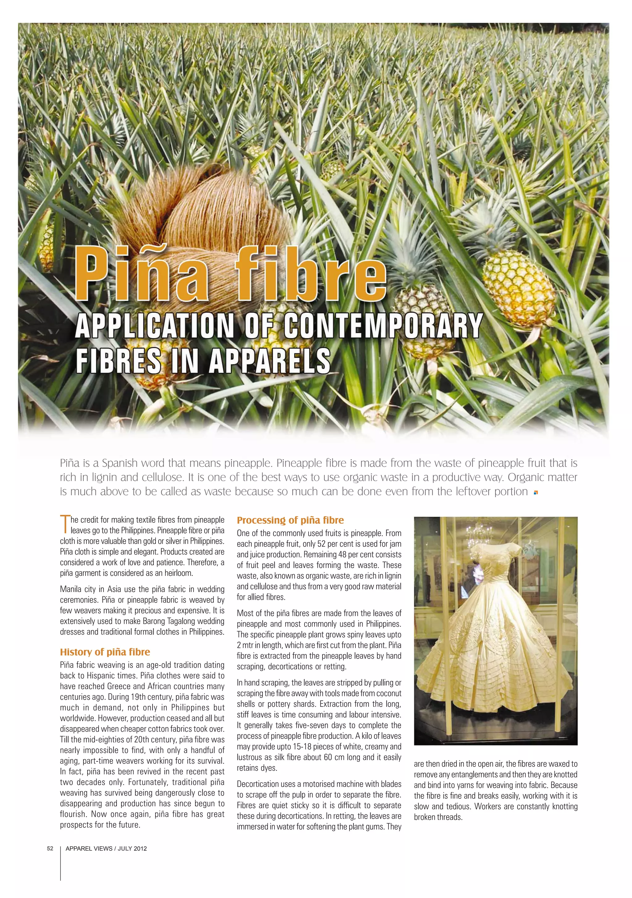 APPAREL VIEWS / JULY 201252
Piña is a Spanish word that means pineapple. Pineapple fibre is made from the waste of pineapple fruit that is
rich in lignin and cellulose. It is one of the best ways to use organic waste in a productive way. Organic matter
is much above to be called as waste because so much can be done even from the leftover portion
The credit for making textile fibres from pineapple
leaves go to the Philippines. Pineapple fibre or piña
cloth is more valuable than gold or silver in Philippines.
Piña cloth is simple and elegant. Products created are
considered a work of love and patience. Therefore, a
piña garment is considered as an heirloom.
Manila city in Asia use the piña fabric in wedding
ceremonies. Piña or pineapple fabric is weaved by
few weavers making it precious and expensive. It is
extensively used to make Barong Tagalong wedding
dresses and traditional formal clothes in Philippines.
History of piña fibre
Piña fabric weaving is an age-old tradition dating
back to Hispanic times. Piña clothes were said to
have reached Greece and African countries many
centuries ago. During 19th century, piña fabric was
much in demand, not only in Philippines but
worldwide. However, production ceased and all but
disappeared when cheaper cotton fabrics took over.
Till the mid-eighties of 20th century, piña fibre was
nearly impossible to find, with only a handful of
aging, part-time weavers working for its survival.
In fact, piña has been revived in the recent past
two decades only. Fortunately, traditional piña
weaving has survived being dangerously close to
disappearing and production has since begun to
flourish. Now once again, piña fibre has great
prospects for the future.
Processing of piña fibre
One of the commonly used fruits is pineapple. From
each pineapple fruit, only 52 per cent is used for jam
and juice production. Remaining 48 per cent consists
of fruit peel and leaves forming the waste. These
waste, also known as organic waste, are rich in lignin
and cellulose and thus from a very good raw material
for allied fibres.
Most of the piña fibres are made from the leaves of
pineapple and most commonly used in Philippines.
The specific pineapple plant grows spiny leaves upto
2 mtr in length, which are first cut from the plant. Piña
fibre is extracted from the pineapple leaves by hand
scraping, decortications or retting.
In hand scraping, the leaves are stripped by pulling or
scraping the fibre away with tools made from coconut
shells or pottery shards. Extraction from the long,
stiff leaves is time consuming and labour intensive.
It generally takes five-seven days to complete the
process of pineapple fibre production. A kilo of leaves
may provide upto 15-18 pieces of white, creamy and
lustrous as silk fibre about 60 cm long and it easily
retains dyes.
Decortication uses a motorised machine with blades
to scrape off the pulp in order to separate the fibre.
Fibres are quiet sticky so it is difficult to separate
these during decortications. In retting, the leaves are
immersed in water for softening the plant gums. They
are then dried in the open air, the fibres are waxed to
remove any entanglements and then they are knotted
and bind into yarns for weaving into fabric. Because
the fibre is fine and breaks easily, working with it is
slow and tedious. Workers are constantly knotting
broken threads.
 