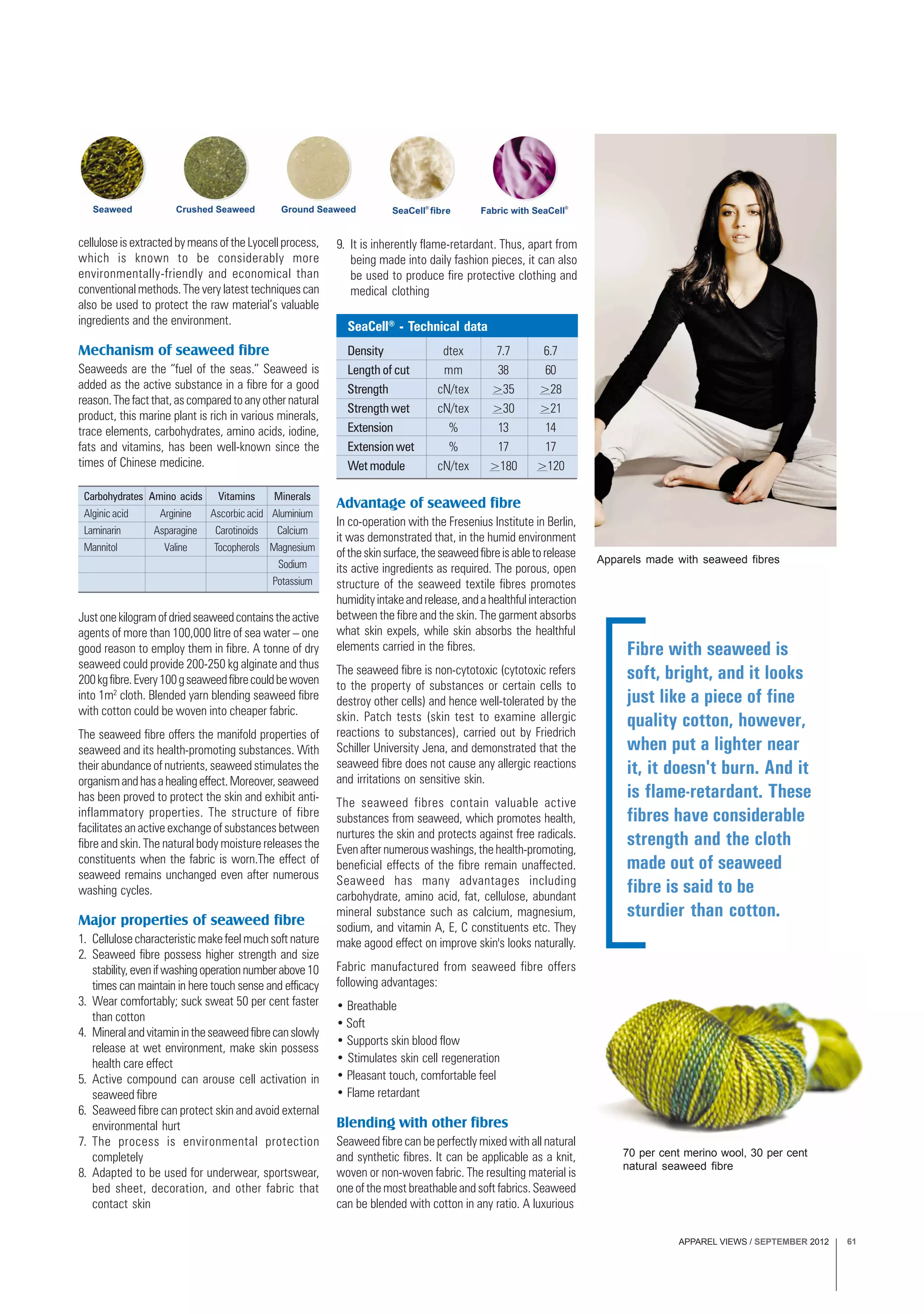APPAREL VIEWS / SEPTEMBER 2012 61
cellulose is extracted by means of the Lyocell process,
which is known to be considerably more
environmentally-friendly and economical than
conventional methods. The very latest techniques can
also be used to protect the raw material’s valuable
ingredients and the environment.
Mechanism of seaweed fibre
Seaweeds are the “fuel of the seas.” Seaweed is
added as the active substance in a fibre for a good
reason.Thefactthat,ascomparedtoanyothernatural
product, this marine plant is rich in various minerals,
trace elements, carbohydrates, amino acids, iodine,
fats and vitamins, has been well-known since the
times of Chinese medicine.
9. It is inherently flame-retardant. Thus, apart from
being made into daily fashion pieces, it can also
be used to produce fire protective clothing and
medical clothing
Carbohydrates Amino acids Vitamins Minerals
Alginic acid Arginine Ascorbic acid Aluminium
Laminarin Asparagine Carotinoids Calcium
Mannitol Valine Tocopherols Magnesium
Sodium
Potassium
Justonekilogramofdriedseaweedcontainstheactive
agents of more than 100,000 litre of sea water – one
good reason to employ them in fibre. A tonne of dry
seaweed could provide 200-250 kg alginate and thus
200kgfibre.Every100gseaweedfibrecouldbewoven
into 1m2
cloth. Blended yarn blending seaweed fibre
with cotton could be woven into cheaper fabric.
The seaweed fibre offers the manifold properties of
seaweed and its health-promoting substances. With
their abundance of nutrients, seaweed stimulates the
organismandhasahealingeffect.Moreover,seaweed
has been proved to protect the skin and exhibit anti-
inflammatory properties. The structure of fibre
facilitates an active exchange of substances between
fibre and skin. The natural body moisture releases the
constituents when the fabric is worn.The effect of
seaweed remains unchanged even after numerous
washing cycles.
Major properties of seaweed fibre
1. Cellulosecharacteristicmakefeelmuchsoftnature
2. Seaweed fibre possess higher strength and size
stability,evenifwashingoperationnumberabove10
times can maintain in here touch sense and efficacy
3. Wear comfortably; suck sweat 50 per cent faster
than cotton
4. Mineralandvitaminintheseaweedfibrecanslowly
release at wet environment, make skin possess
health care effect
5. Active compound can arouse cell activation in
seaweed fibre
6. Seaweed fibre can protect skin and avoid external
environmental hurt
7. The process is environmental protection
completely
8. Adapted to be used for underwear, sportswear,
bed sheet, decoration, and other fabric that
contact skin
Density dtex 7.7 6.7
Length of cut mm 38 60
Strength cN/tex >35 >28
Strength wet cN/tex >30 >21
Extension % 13 14
Extension wet % 17 17
Wet module cN/tex >180 >120
SeaCell®
- Technical data
Advantage of seaweed fibre
In co-operation with the Fresenius Institute in Berlin,
it was demonstrated that, in the humid environment
oftheskinsurface,theseaweedfibreisabletorelease
its active ingredients as required. The porous, open
structure of the seaweed textile fibres promotes
humidityintakeandrelease,andahealthfulinteraction
between the fibre and the skin. The garment absorbs
what skin expels, while skin absorbs the healthful
elements carried in the fibres.
The seaweed fibre is non-cytotoxic (cytotoxic refers
to the property of substances or certain cells to
destroy other cells) and hence well-tolerated by the
skin. Patch tests (skin test to examine allergic
reactions to substances), carried out by Friedrich
Schiller University Jena, and demonstrated that the
seaweed fibre does not cause any allergic reactions
and irritations on sensitive skin.
The seaweed fibres contain valuable active
substances from seaweed, which promotes health,
nurtures the skin and protects against free radicals.
Even after numerous washings, the health-promoting,
beneficial effects of the fibre remain unaffected.
Seaweed has many advantages including
carbohydrate, amino acid, fat, cellulose, abundant
mineral substance such as calcium, magnesium,
sodium, and vitamin A, E, C constituents etc. They
make agood effect on improve skin's looks naturally.
Fabric manufactured from seaweed fibre offers
following advantages:
• Breathable
• Soft
• Supports skin blood flow
• Stimulates skin cell regeneration
• Pleasant touch, comfortable feel
• Flame retardant
Blending with other fibres
Seaweed fibre can be perfectly mixed with all natural
and synthetic fibres. It can be applicable as a knit,
woven or non-woven fabric. The resulting material is
one of the most breathable and soft fabrics. Seaweed
can be blended with cotton in any ratio. A luxurious
Fibre with seaweed is
soft, bright, and it looks
just like a piece of fine
quality cotton, however,
when put a lighter near
it, it doesn't burn. And it
is flame-retardant. These
fibres have considerable
strength and the cloth
made out of seaweed
fibre is said to be
sturdier than cotton.
Apparels made with seaweed fibres
70 per cent merino wool, 30 per cent
natural seaweed fibre
 