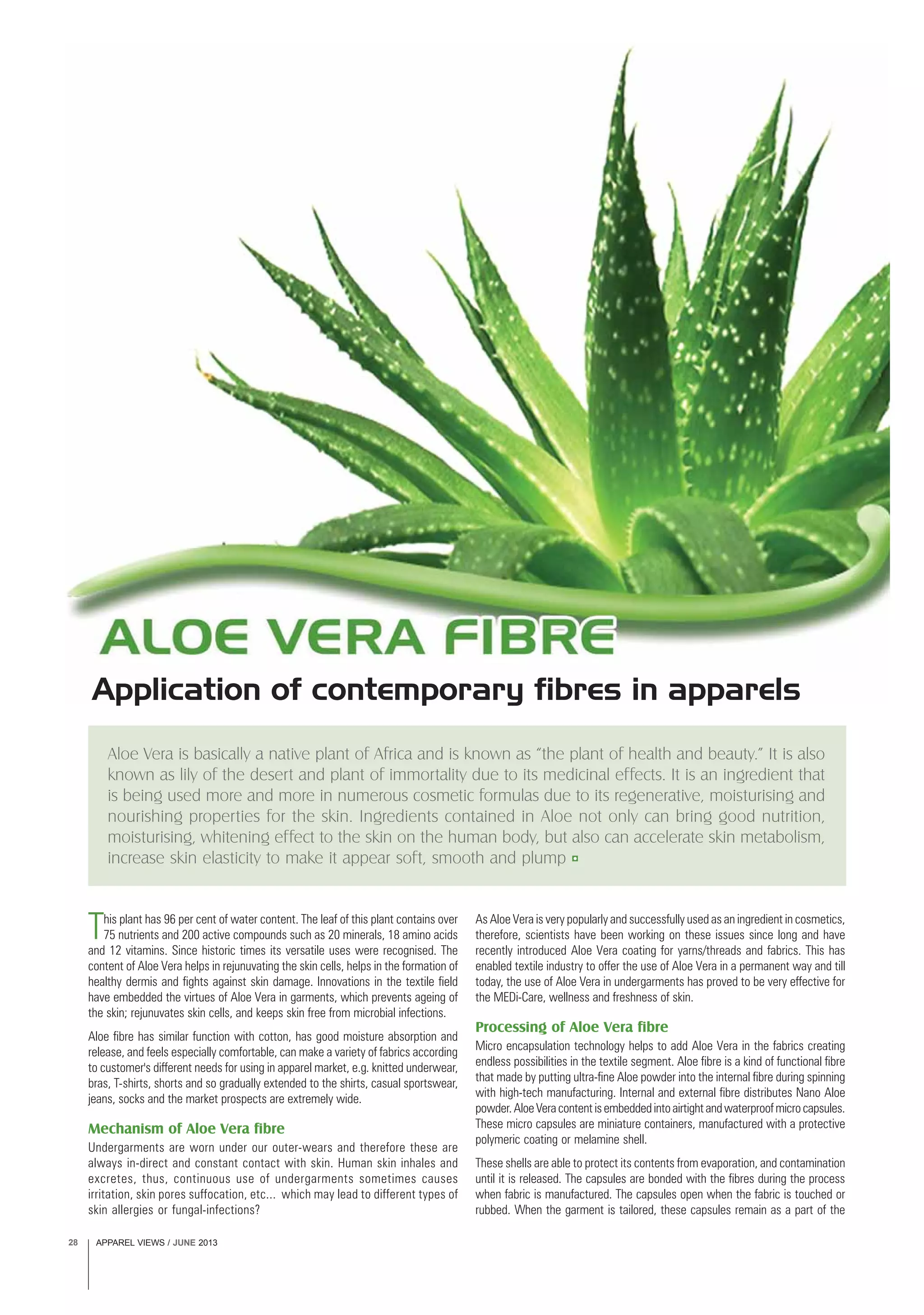 APPAREL VIEWS / JUNE 201328
Aloe Vera is basically a native plant of Africa and is known as “the plant of health and beauty.” It is also
known as lily of the desert and plant of immortality due to its medicinal effects. It is an ingredient that
is being used more and more in numerous cosmetic formulas due to its regenerative, moisturising and
nourishing properties for the skin. Ingredients contained in Aloe not only can bring good nutrition,
moisturising, whitening effect to the skin on the human body, but also can accelerate skin metabolism,
increase skin elasticity to make it appear soft, smooth and plump
Application of contemporary fibres in apparels
This plant has 96 per cent of water content. The leaf of this plant contains over
75 nutrients and 200 active compounds such as 20 minerals, 18 amino acids
and 12 vitamins. Since historic times its versatile uses were recognised. The
content of Aloe Vera helps in rejunuvating the skin cells, helps in the formation of
healthy dermis and fights against skin damage. Innovations in the textile field
have embedded the virtues of Aloe Vera in garments, which prevents ageing of
the skin; rejunuvates skin cells, and keeps skin free from microbial infections.
Aloe fibre has similar function with cotton, has good moisture absorption and
release, and feels especially comfortable, can make a variety of fabrics according
to customer's different needs for using in apparel market, e.g. knitted underwear,
bras, T-shirts, shorts and so gradually extended to the shirts, casual sportswear,
jeans, socks and the market prospects are extremely wide.
Mechanism of Aloe Vera fibre
Undergarments are worn under our outer-wears and therefore these are
always in-direct and constant contact with skin. Human skin inhales and
excretes, thus, continuous use of undergarments sometimes causes
irritation, skin pores suffocation, etc... which may lead to different types of
skin allergies or fungal-infections?
As Aloe Vera is very popularly and successfully used as an ingredient in cosmetics,
therefore, scientists have been working on these issues since long and have
recently introduced Aloe Vera coating for yarns/threads and fabrics. This has
enabled textile industry to offer the use of Aloe Vera in a permanent way and till
today, the use of Aloe Vera in undergarments has proved to be very effective for
the MEDi-Care, wellness and freshness of skin.
Processing of Aloe Vera fibre
Micro encapsulation technology helps to add Aloe Vera in the fabrics creating
endless possibilities in the textile segment. Aloe fibre is a kind of functional fibre
that made by putting ultra-fine Aloe powder into the internal fibre during spinning
with high-tech manufacturing. Internal and external fibre distributes Nano Aloe
powder.AloeVeracontentisembeddedintoairtightandwaterproofmicrocapsules.
These micro capsules are miniature containers, manufactured with a protective
polymeric coating or melamine shell.
These shells are able to protect its contents from evaporation, and contamination
until it is released. The capsules are bonded with the fibres during the process
when fabric is manufactured. The capsules open when the fabric is touched or
rubbed. When the garment is tailored, these capsules remain as a part of the
 