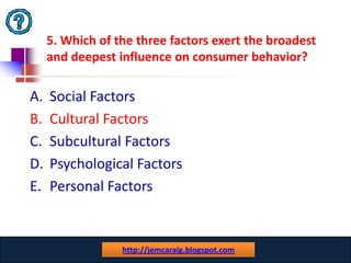 5. Which of the three factors exert the broadest
     and deepest influence on consumer behavior?

A.   Social Factors
B.   Cultural Factors
C.   Subcultural Factors
D.   Psychological Factors
E.   Personal Factors


                  www.catansay.blogspot.com
                  http://jemcaraig.blogspot.com
                               36
 