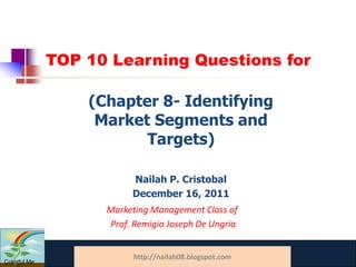TOP 10 Learning Questions for

                  (Chapter 8- Identifying
                   Market Segments and
                         Targets)

                          Nailah P. Cristobal
                          December 16, 2011
                    Marketing Management Class of
                    Prof. Remigio Joseph De Ungria

                        www.catansay.blogspot.com
                         http://nailah08.blogspot.com
Colorful Me
 