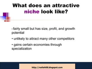 What does an attractive
   niche look like?


• fairly
      small but has size, profit, and growth
potential
• unlikely to attract many other competitors
• gains certain economies through
specialization



              www.catansay.blogspot.com
                          48
              http://nailah08.blogspot.com
 